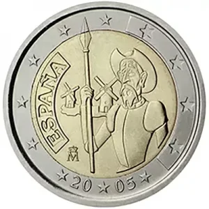 2 euros conmemorativos de España 2005 sobre el 400 aniversario de la 1a. edición del "Don Quijote de la Mancha"