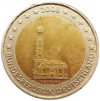 ANVERSO de la moneda de 2 euros conmemorativa de Alemania 2008, Estado Federado de Hamburgo, Iglesia de San Miguel, CECA F (Stuttgart)