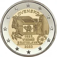 Moneda de 2 euros conmemorativos Eslovaquia 2023 - 200 aniversario del Correo tirado por caballos ruta Viena-Bratislava