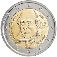 Moneda de 2 euros conmemorativos San Marino 2016 - 400 aniversario de la Muerte de William Shakespeare