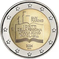 Moneda de 2 euros conmemorativos San Marino 2024 - 50 aniversario de la Declaración de los Derechos Civiles y los Principios Básicos del Sistema Jurídico