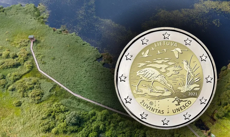 ERROR en el canto de la moneda de 2 euros Lituania 2021, Reserva de la Biosfera de Žuvintas