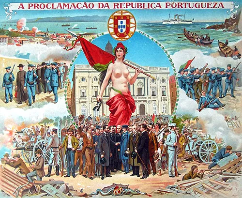 Litografía en color sobre la proclamación de la República Portuguesa, ©Cândido da Silva, Wikimedia Commons